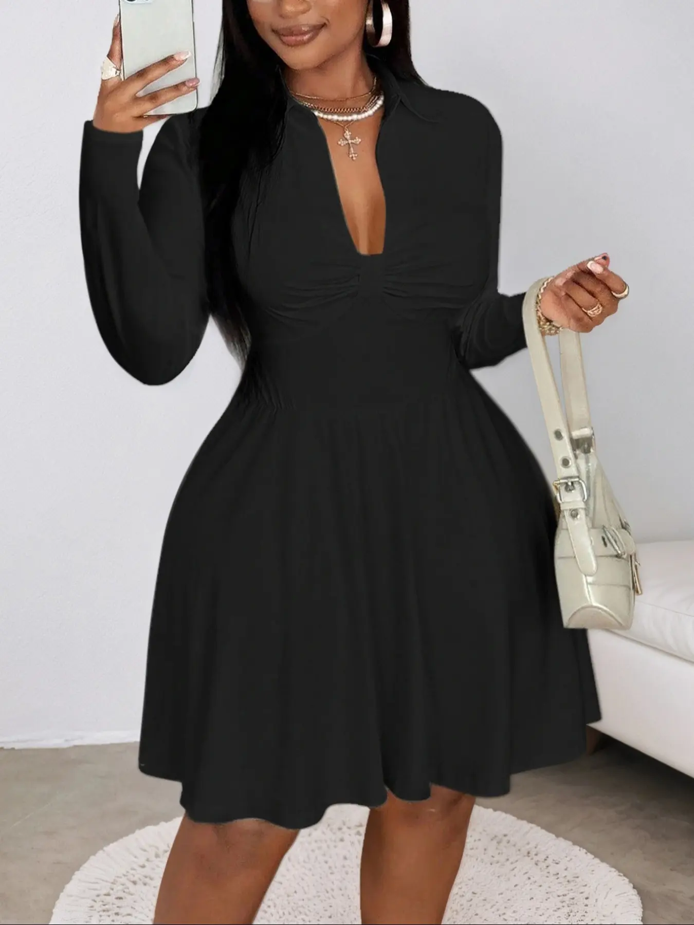 Women's Plus Size Ruched Dress, V Neck A-Line Long Sleeve, Belly Concealing Waist Cinching, Spring Fall Fashion - TikTok Shop Women's Plus Size Ruched Dress, V Neck A-Line Long Sleeve, Belly Concealing Waist Cinching, Spring Fall Fashion - TikTok Shop