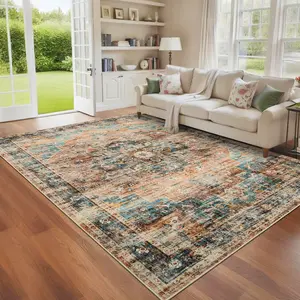 Vintage Print Carpet Distressed Floral Rug Washable Area Rug Indoor Non-slip Carpet for Bedroom Dining Room Living Room Laundry Room Office