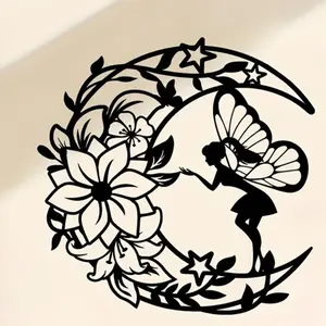 Flower Fairy & Moon Pattern Boho Style Metal Wall Art - 1 Count Hanging Ornament for Home Living Room & Bedroom