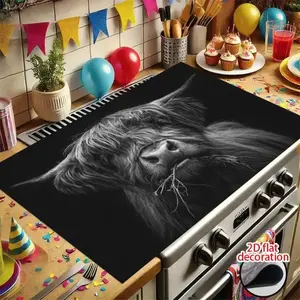 Diatom Mud Monochrome Highland Cow with Hay 2D Stove Top Cover, Heat Resistant Scratch Proof Protector, Kitchen Decorative Placemat, Easy Clean Multi-Use Mat for Stoves, Oven, Farmhouse Kitchen Decor #DiatomMud #HighlandCow #MonochromeArt #StoveProtector