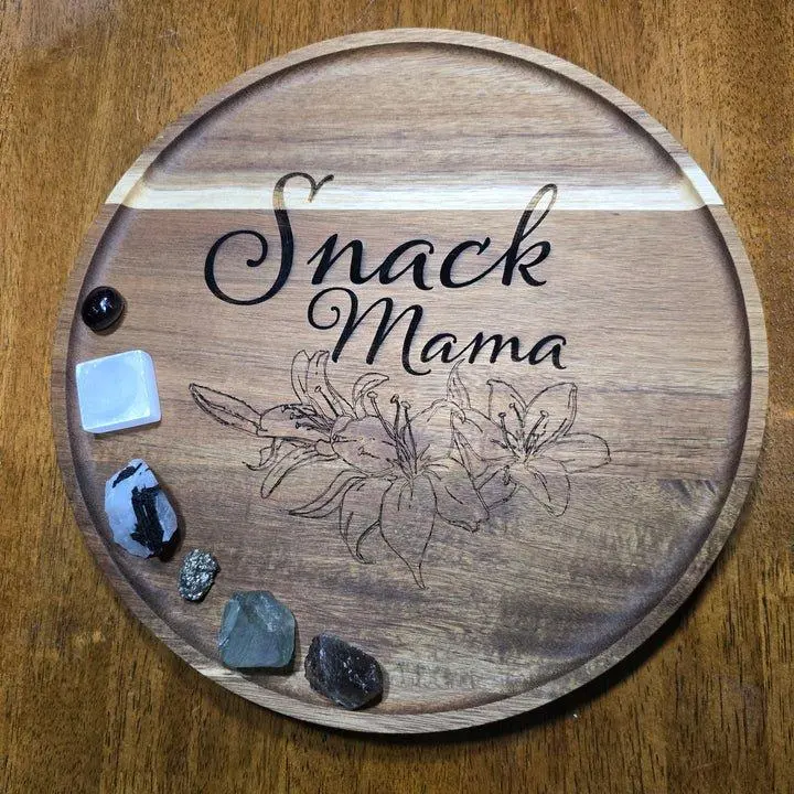 Personalized Serving Board - Snack Mama Design with Floral Artwork and Decorative Stones