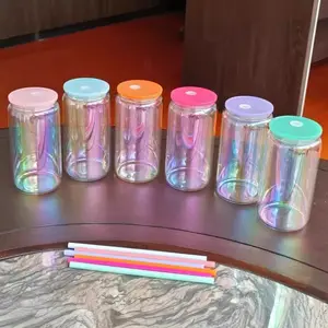 Crafix 25-Pack Wholesale 16oz Rainbow Plated Glass Cup - Portable Reusable Drink Cups with Heatproof PP Lids, Colorful Straws, UV DTF Sublimation-Ready Customizable Insulation Cups, Ideal for Beverages, Festive Gifts