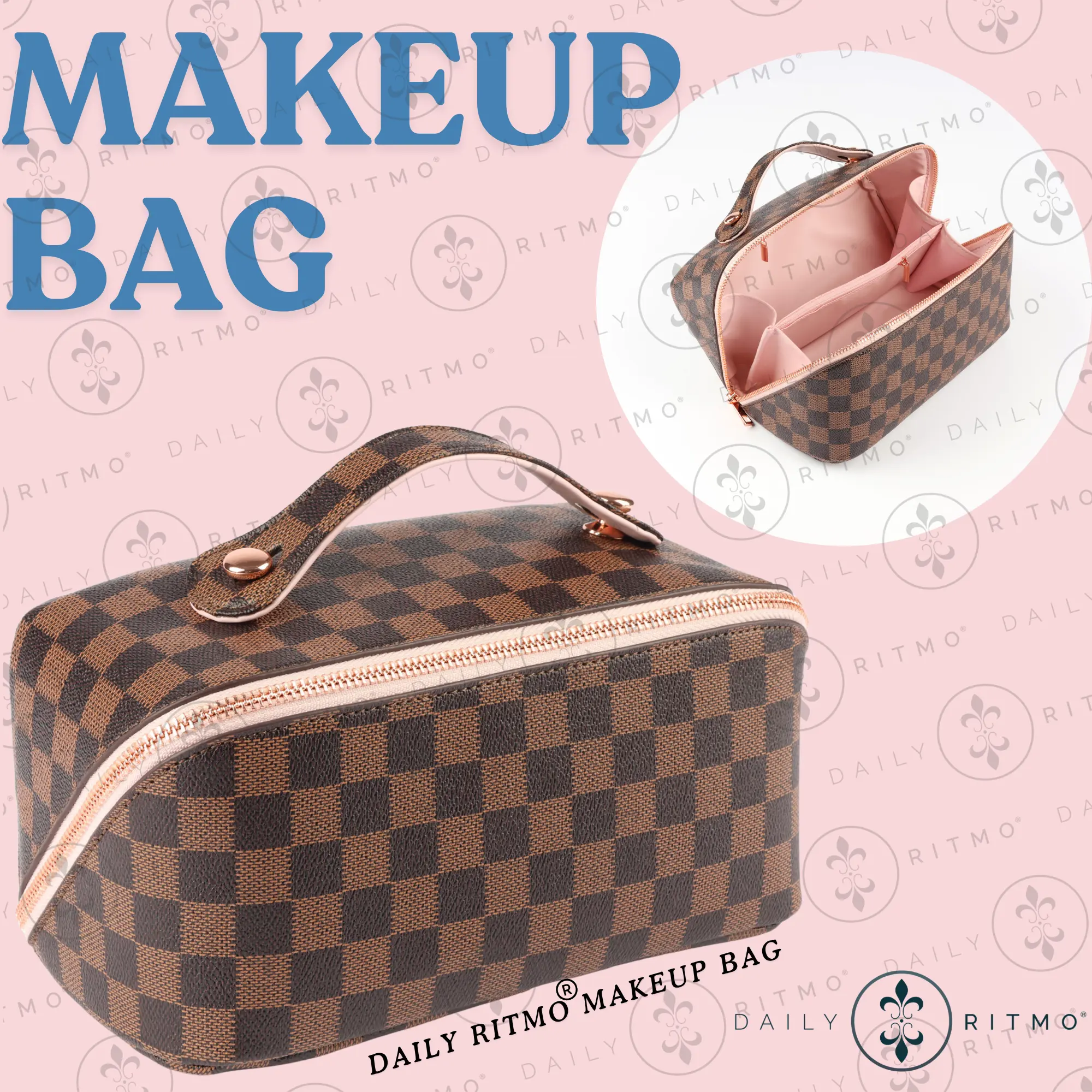 DAILY RITMO Checkered Makeup Bag Organizer | PU Leather with Pink Interior and Rose Gold Zippers | Cosmetic Organizer Bags for Women