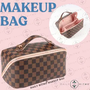 DAILY RITMO Checkered Makeup Bag Organizer | PU Leather with Pink Interior and Rose Gold Zippers | Cosmetic Organizer Bags for Women