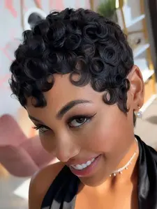 5 Inch Short Curly Hair Pixie Cut Real Human Hair Wig Natural with Bangs No Glue Laceless Full Machine Daily Versatile Pixie Cut Wigs Glueless Wigs