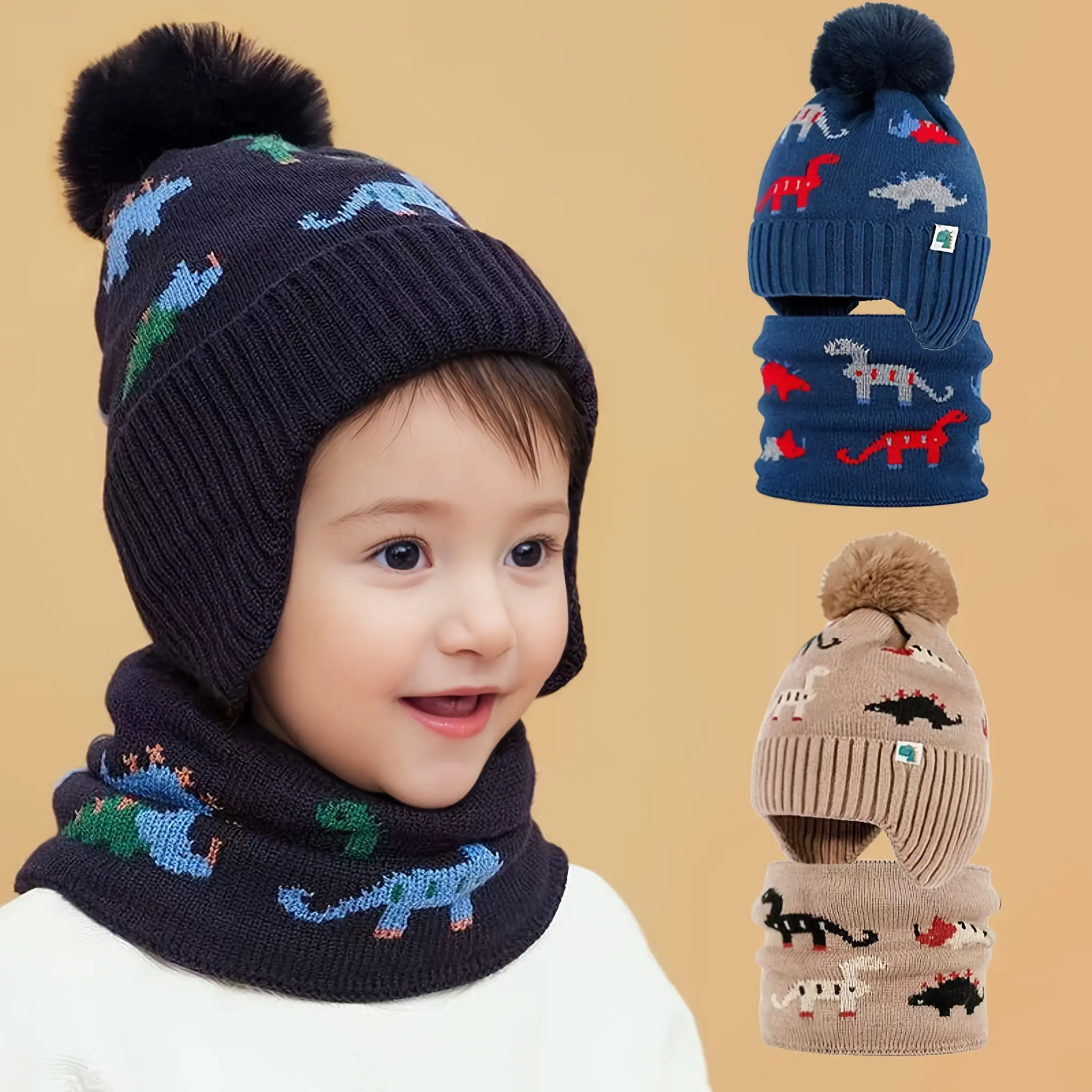 2pcs Kids' Winter Knit Hat & Scarf Set - Soft Warm Beanie with Ear Flaps, Animal Print (Bears, Giraffes, Kangaroos, Dinosaurs) - Lightweight for Boys & Girls, Ideal for Christmas, Outdoor Activities, Dinosaur Kids' Hats