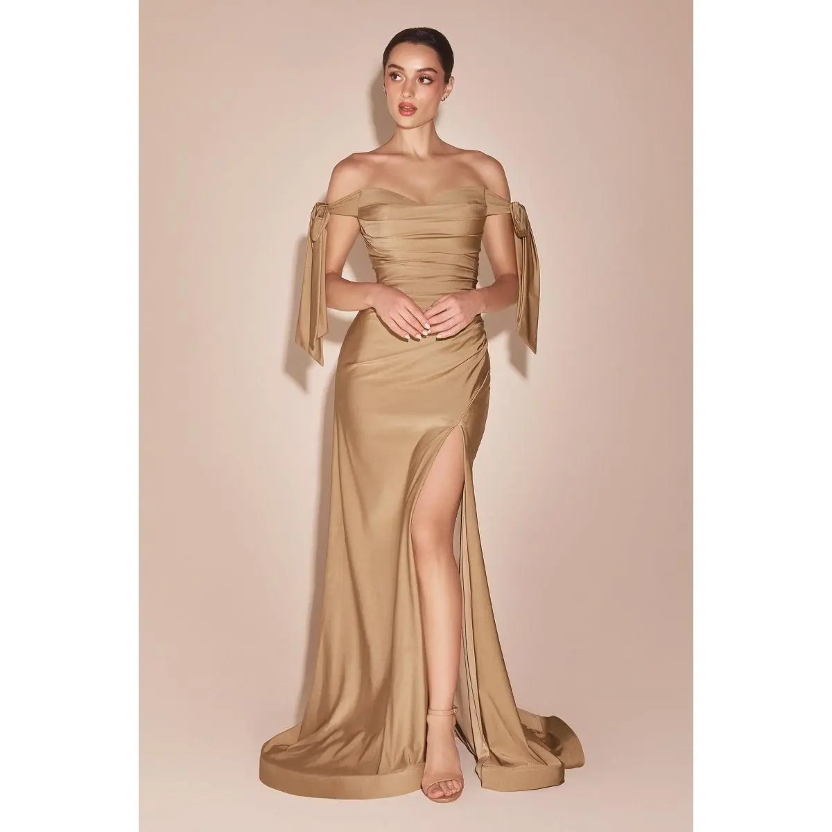 Ladivine CD943 Women's Sleeveless Soft Off-Shoulder Ruched Formal Prom Gown - Stretch Jersey Fitted Sheath, Matching Elongated Lace-Up Ties, High Leg Split, Zipper Closure, Emerald Option