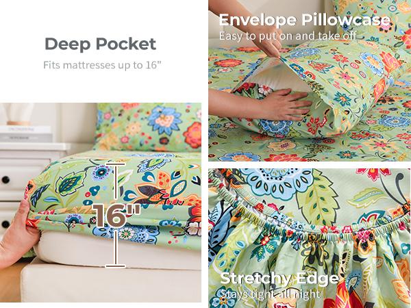 Bedlifes Bamboo Blend Bed Sheet Set Cooling & Silky Soft Floral Bedding Sheets Breathable Comfort Deep Pocket Fit 14-21" Mattress