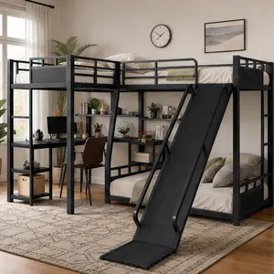 ARCH L-Shaped Metal Bunk Bed Triple Sleeper with Slide, Full/FullXL Top Queen Bottom, Twin XL Loft Bed with Desk and Storage Shelves, Space-Saving Quiet Design for Kids Bedroom, Black MDF Metal Frame, Black Color Options, MDF/Metal Material
