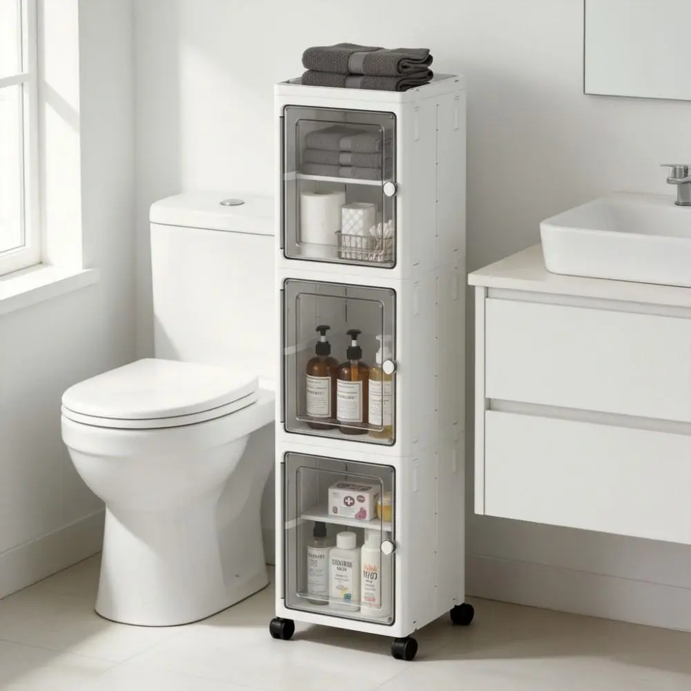 Slim Plastic Storage Cabinet with Clear Doors & Adjustable Shelves, Foldable Narrow Organizer for Bathroom, Kitchen & Small Spaces(White/3-Tier）