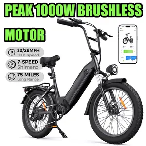 V8 Electric Bike for Adults, 1000W Peak Motor Ebike, Max 20/28MPH 75Miles Range Electric Bicycle, 48V13Ah Battery, 2-Seater, Commuting 20" Step Thru Fat Tire Ebikes for Adults, 7 Speed Gearing UL 2849 Certified