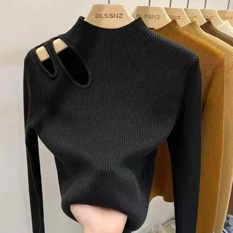 BLSSNZ Women's Knit Sweater with One Shoulder Side Out - Black, Casual Style, Ideal for Layering - Womenswear, Knitwear top