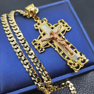Brass Crucifixion of Jesus Cross Pendant & 14K Stamped 4mm 20" 24" Figaro Chain Hip Hop Necklace Fashion Jewelry