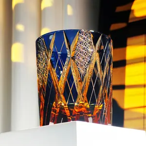 Hand-Cut  Blue Amber Edo Kiriko Whiskey Glass Thunder Gods Blue Crystal Rocks Glass Whiskey Glass