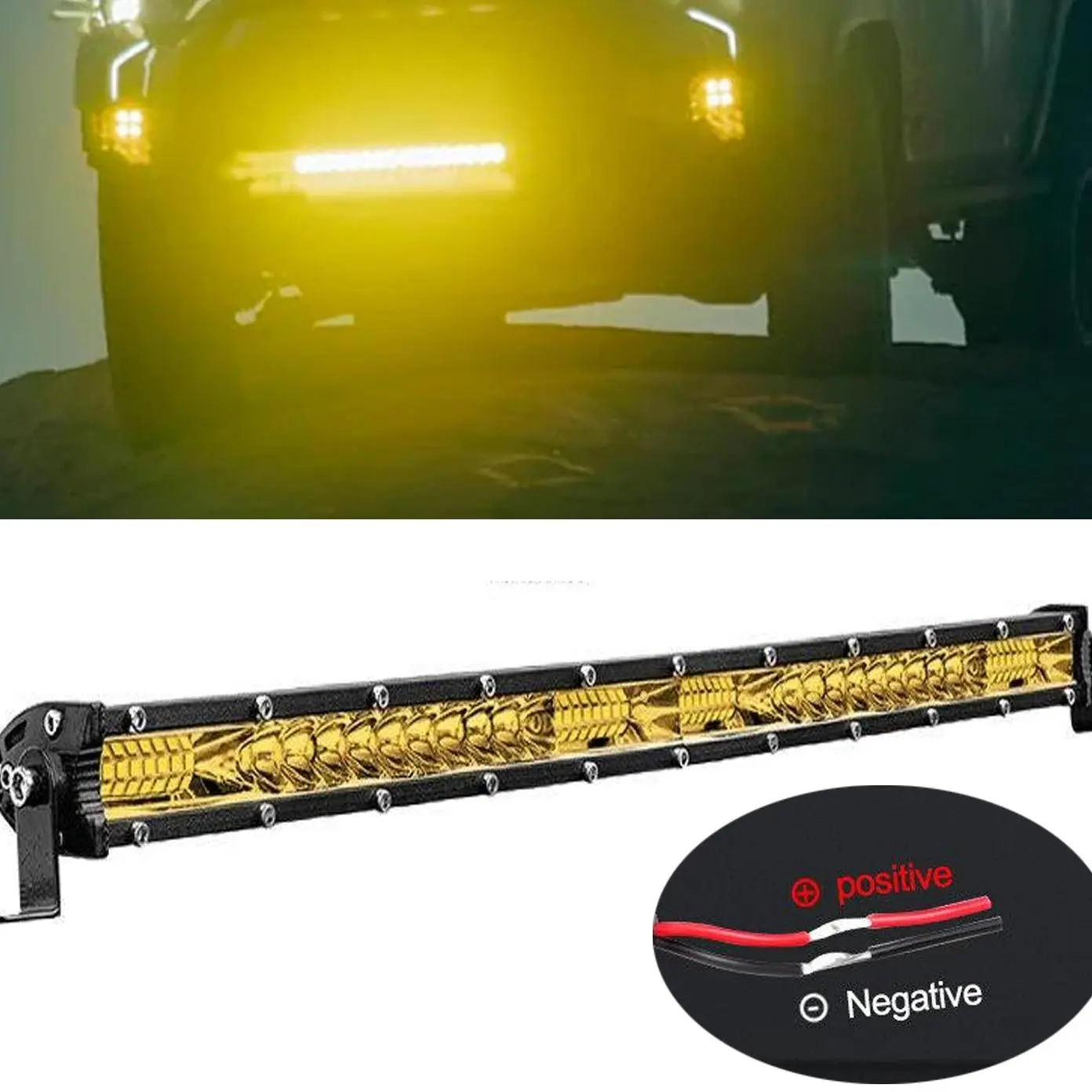 Lightbar 20 inch 55W Driving Yellow LED Light Bar, 12V 24V Offroad Bar Lamp Fog Lights Waterproof for Car SUV Vehicle, Spot Flood Combo Beam, 6000K