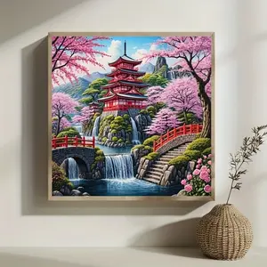 5D Diamond Painting Kit, Japanese Tower, Cherry Blossom, Waterfall, Traditional Garden, DIY Full Diamond Canvas, Wall Art Decor, Handmade Gift