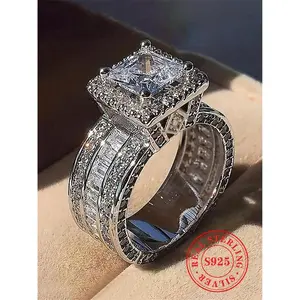 Luxury 925 Sterling Silver Ring with Gorgeous Artificial Crystal Decoration, Fashionable Wedding/Engagement Ring Jewelry Gift for Women, Fashion Accessories for Parties and Everyday Wear, Wedding Promise Rings