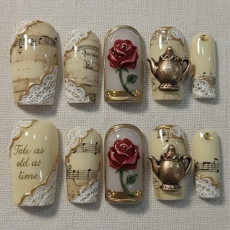 Tale As Old As Time Press On Nails 3D Enchanted Rose Luxury Vintage Sheet Music