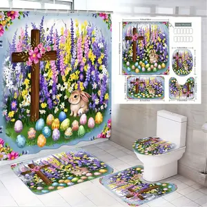1/4pcsEaster Bathroom Set with Wooden Cross, Pink/Purple Flowers, Colorful Eggs & Brown Rabbit - Shower Curtain Sets, 2 Coordinating Bath Mats, Toilet Seat Cover - Festive Spring Decor for Easter Celebration