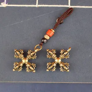 Vintage Brass Tibetan Dorje Vajra Keychain, Cross Pestle Amulet Pendant for Car & Bag, Lucky Peace Protection Charm Decor