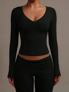 Women's V-Neck Waist-Cropped Slimming Long Sleeve American Retro Elegant Casual Versatile Top, Stylish and Comfortable Daily Wear