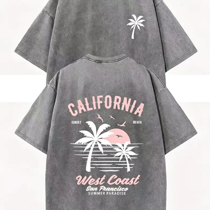 Women's Washed Cotton California Graphic Tee-Black - 230g Soft Vintage Aesthetic Shortsleeve Surf Beach Crewneck, Loose Baggy with Palm Trees Retro Print, Summer Casual Cute Tops Clothes