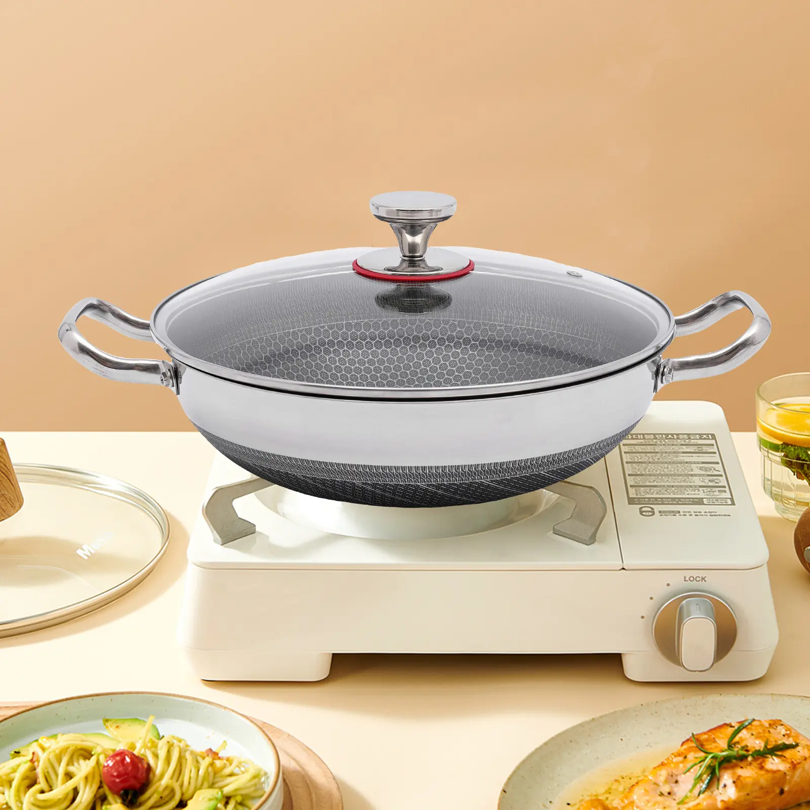 316 Stainless Steel Non Stick Pan 32cm, Non Toxic Healthy Frying Pan for Induction Gas Electric Stove, Silver Glass Lid