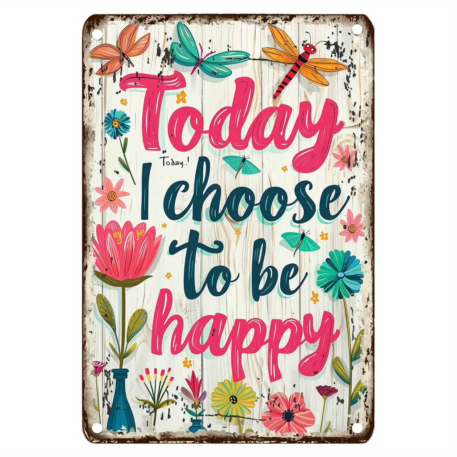 Classical Vintage Aluminium Floral Wall Sign - 8x12in 2D Flat "Today I Choose to Be Happy" Hangable Plaque, Colorful Flower & Butterfly Design, Durable Indoor/Outdoor Home Decor, Easy-to-Hang Gift