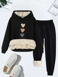 Women's Heart Print Thermal Lined Hoodie & Drawstring Waist Pants Two-piece Set, Casual Long Sleeve Hooded Sweatshirt & Pocket Trousers, Women's Fall & Winter Clothes