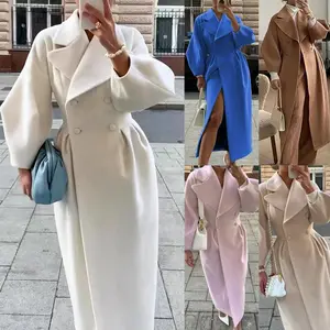 Autumn Winter Vintage Lantern Sleeve Large Lapel Woolen Coat Long Overcoat Chic Womenswear