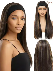 Headband Wigs for Women Synthetic Material Wigs Soft Hair Wig Long Straight brown Blonde Highlights Wig Silky Straight Heat Resistant Wigs for Daily Party Use