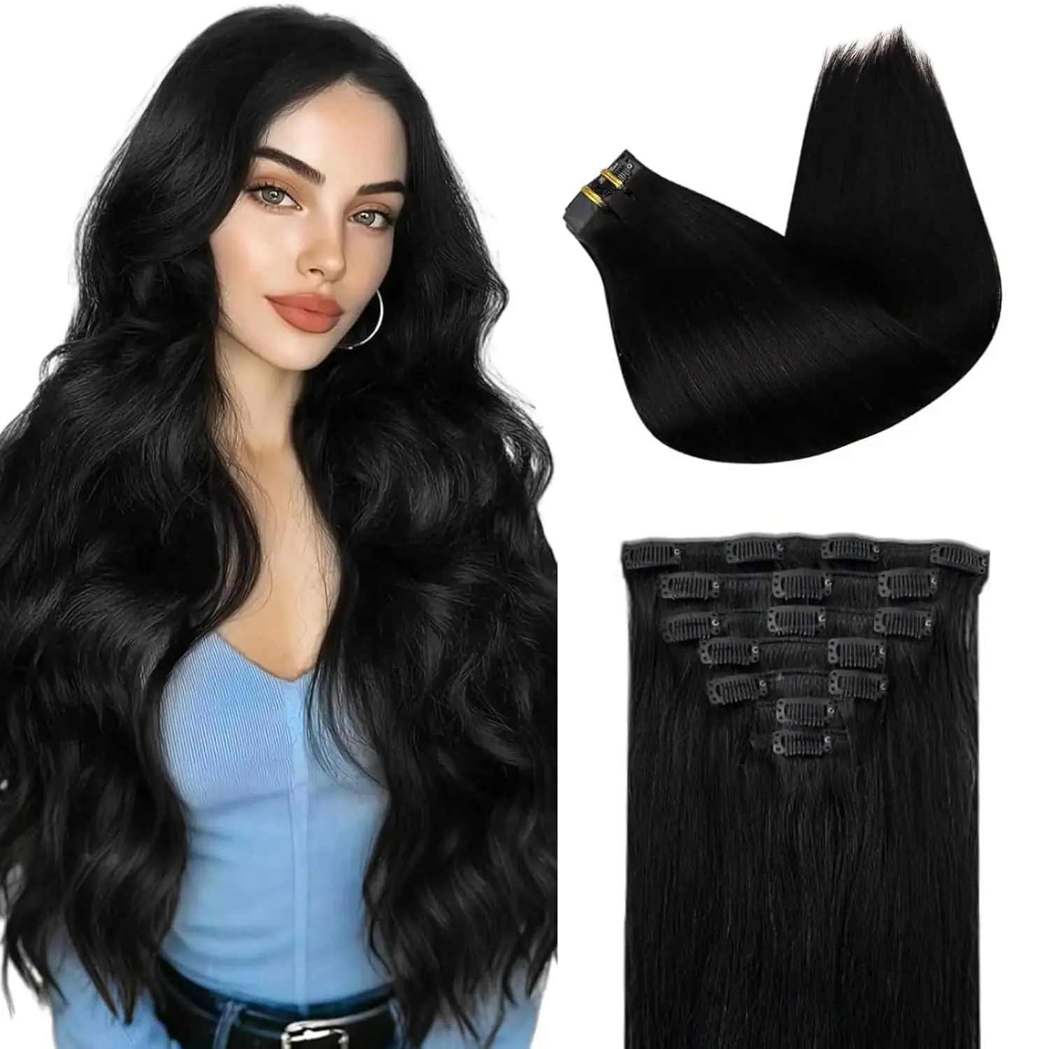 HC Clip-in Human Hair Extensions, Silky Real Human Hair, Invisible Seamless Thick Extensions, Scalp-Friendly, Natural Black, 7Pcs 4.23oz, Human Hair Silky, Seamless Extensions
