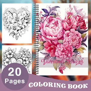 Valentine's Day Flower Coloring Book, Love Blossoms, Spiral Bound, 20 Pages (100g Paper), Non-Bleed, Adult Grayscale Fantasy Coloring Book