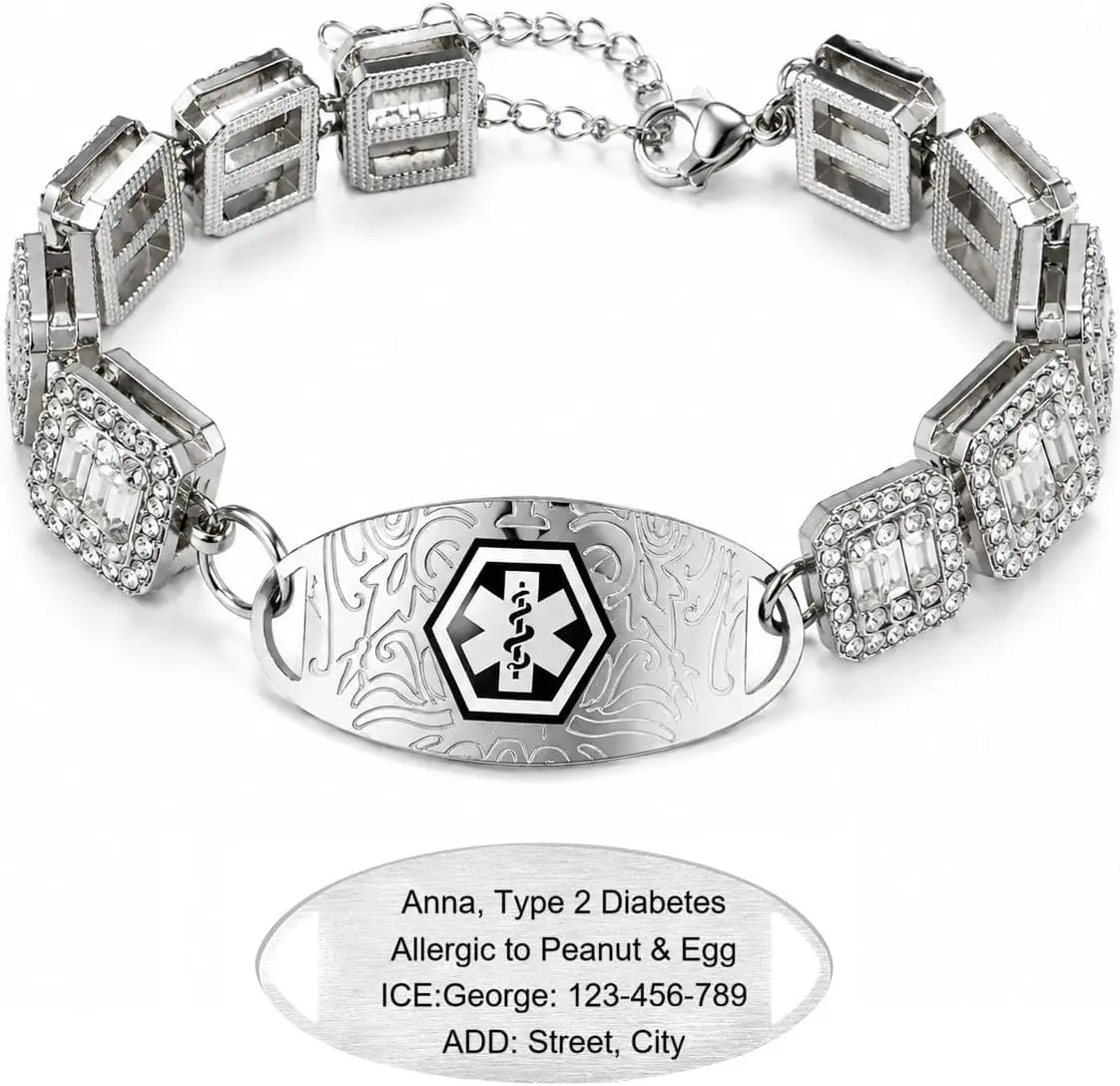 White Rhinestone Medical ID Bracelet for Women, Luxury Square Link Chain Bracelet with Stainless Steel ID Plate, Custom Engraving or QR Code Emergency Information Jewelry, Adjustable Safety
