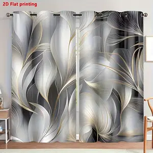 2 Piece Digital Print Window Curtain Set, Room Decor Curtain, Gold & Silver Color Geometric Leaves Design, Polyester Fiber Material, Ideal for Living Room Kitchen Bedroom Office Hotel