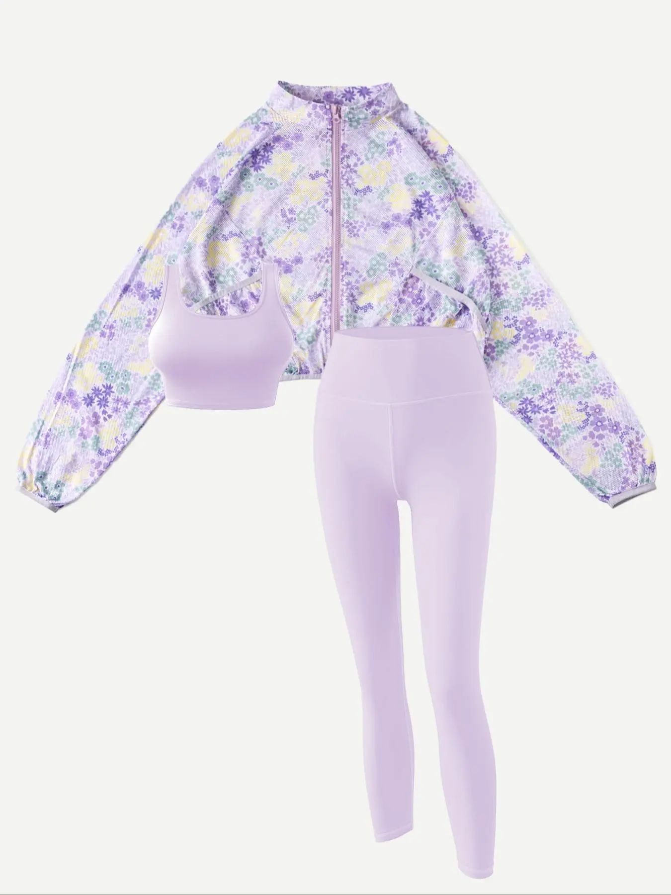 Women's Floral Print Zip Up Jacket & Crop Tank Top & Leggings Tracksuit Set, Breathable Quick Drying Outfits Workout Sets for Yoga Activewear Gym Workout Running, Ladies Sportswear for Spring & Fall, Athletic Tracksuits