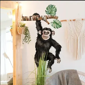 Playful Gorilla Climbing Branch Wall Sticker, Monkey Tree Jungle Animal Wallpaper, Bedroom Living Room Home Decor, Flat Sticker Type