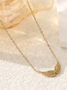 Angel Wings Pendant Necklace, Stainless Steel 18k Gold Plated, Elegant Plain Design, All Seasons Jewelry, Daily Wear Accessory