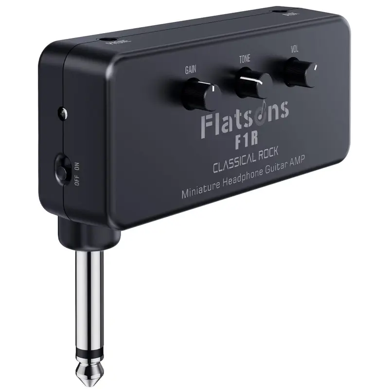 Flatsons-F1R Mini Electronic Guitar Headphone Amplifier, 1M High-Impedance Input, 3.5mm AUX/Earbud Jack, Classic Rock Gain Vibe Sound, Distortion Tone, Smartphone-Compatible, Silent Practice, Portable Design, 16-Bit Audio, 12-Month Support, With Batteries