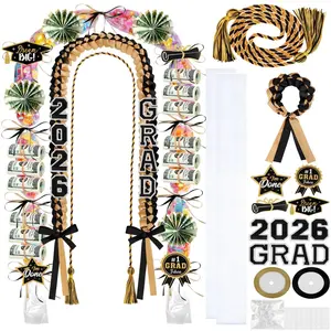 ONERIR 2026 Graduation Leis 18 Pcs - Luxe Black Gold Double Ribbon Stylish Class of 2026 Graduation Candy Lei Kit Unisex Graduation Party Accessories Set