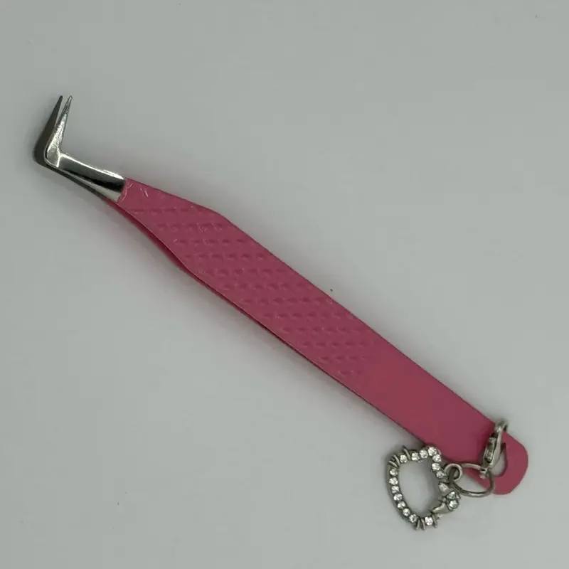 Fiber Tweezer Charm in Pink for Eyelash Extensions with Rhinestone Charm and Comfort Grip