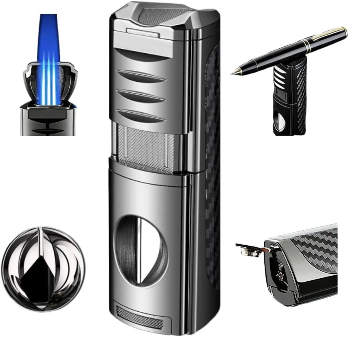 Windproof 4 In 1 Triple Flame Lighter(Not included butane), Vintage Metal, With Clear Air Window Punch, Multi-Function Portable Camping Candle Lighter