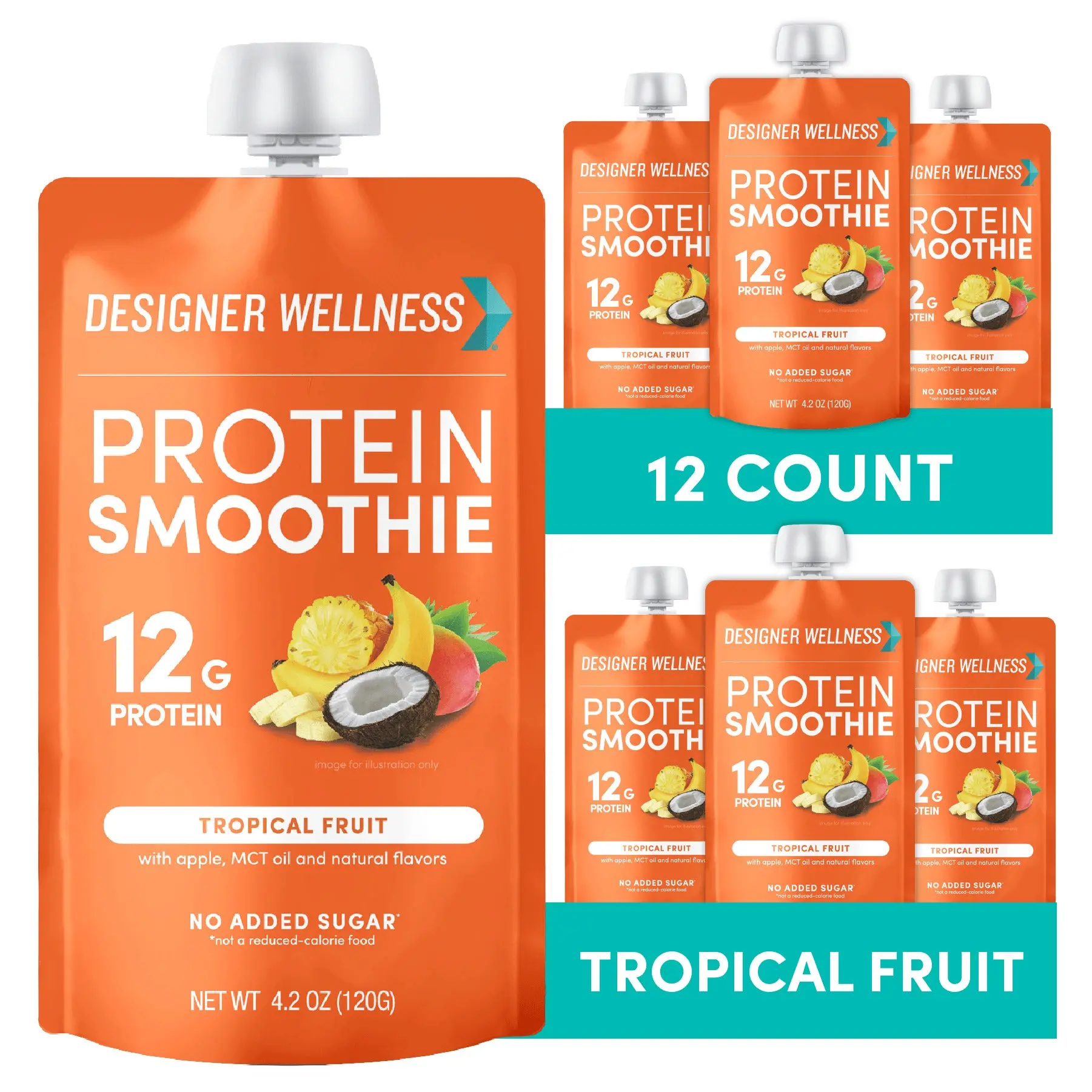 Designer Wellness Protein Smoothie, Real Fruit, 12g Protein, Low Carb, Zero Added Sugar, Gluten-Free, Non-GMO, No Artificial Colors or Flavors, Tropical, 12 Count