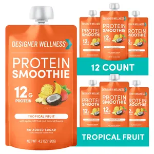 Designer Wellness Protein Smoothie, Real Fruit, 12g Protein, Low Carb, Zero Added Sugar, Gluten-Free, Non-GMO, No Artificial Colors or Flavors, Tropical, 12 Count