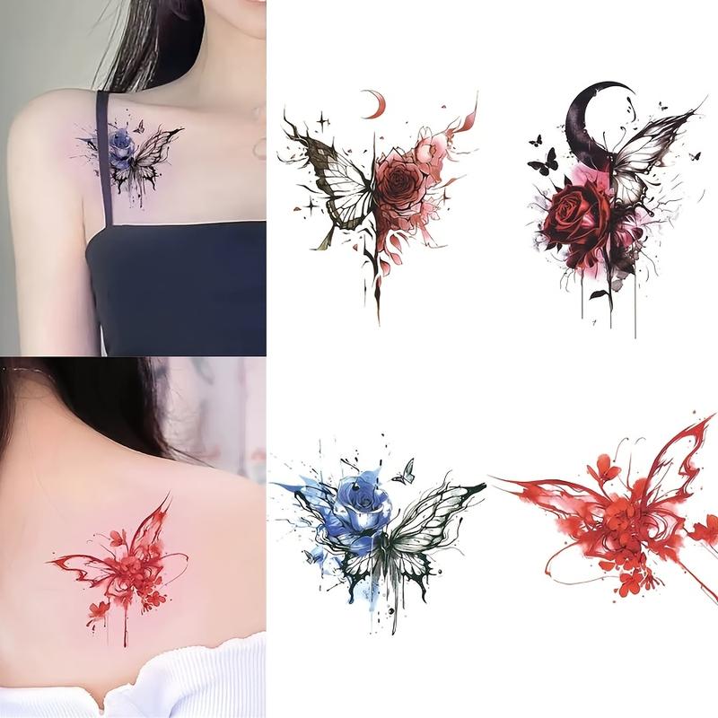 Women's Realistic Waterproof Temporary Tattoos - 4 Sheets Funky Fashion Solid PVC Glitter Unscented Punk Rose-Butterfly Stickers, Party Styling Body Art for Kids