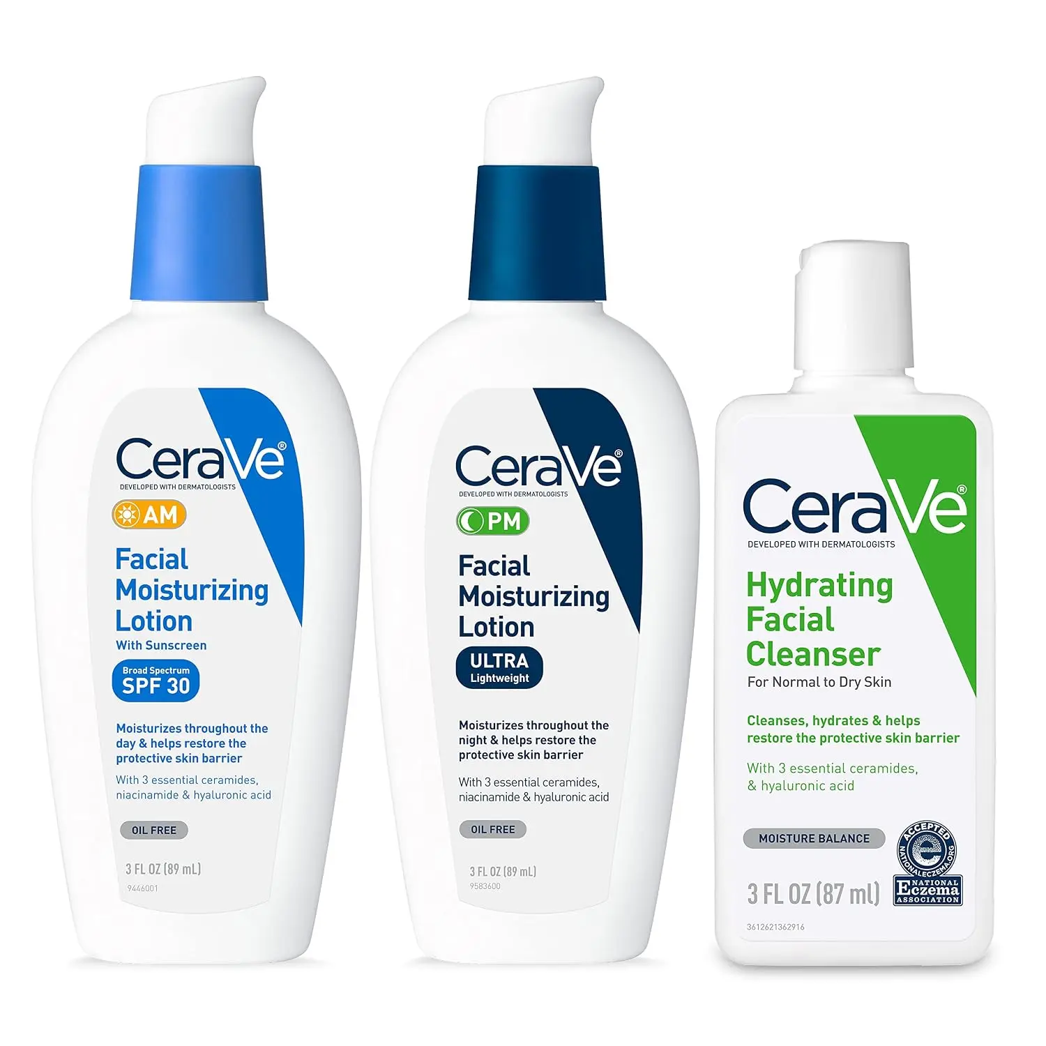 CeraVe AM Face Moisturizer with SPF, PM Face Moisturizer & Hydrating Face Wash Skin Care Routine for Morning & Night| Travel Size Toiletries| 3oz Lotion + 3oz Lotion + 3oz Cleanser