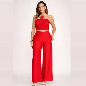 Valentina Halter Set - Red Halter Top & Wide Leg Pants for Women's Fashion