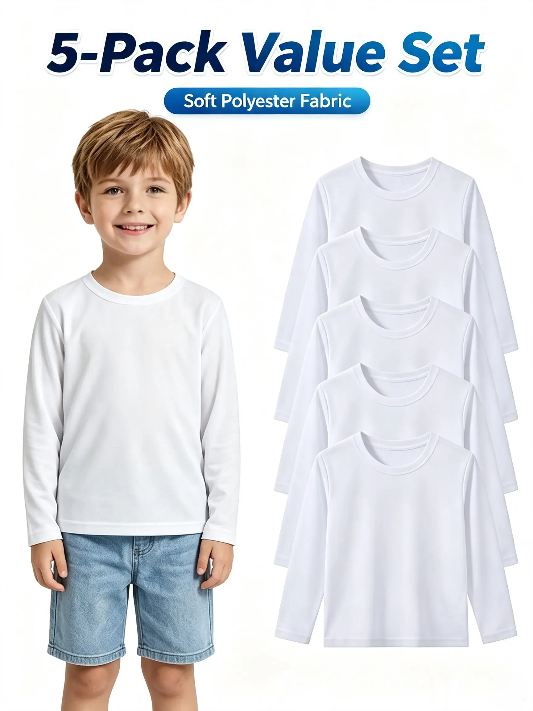5-Pack Boys Plain White Long Sleeve Shirts Kids Breathable Mesh Undershirts Soft Quick Dry Athletic Active Crewneck Tops School Uniform Layering Tees Youth Casual Clothes Big Little Boys Sizes 4-16