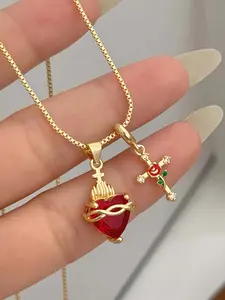 Red Sacred Heart/Rose Cross Pendant Necklace Synthetic Zirconia Elegant and Rural Style, Suitable for Daily Wear and Valentine'S Day Gift