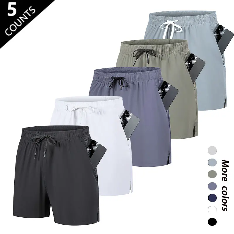 Men’s fitness running shorts, 5-pack, American sports casual style. Quick-dry, breathable fabric that doesn’t cling. Zippered pockets keep belongings secure. Drawstring elastic waistband for a loose fit that doesn’t squeeze. Side slits allow for unrestric